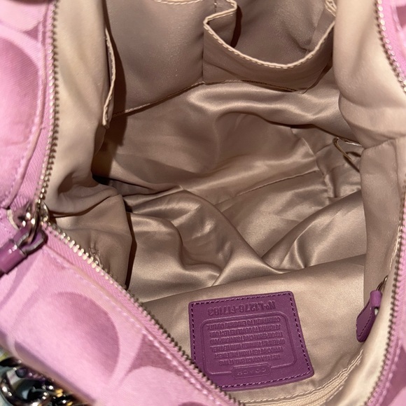 Coach Purple Signature Tote Shoulder Bag SATIN Leather Straps - Picture 11 of 12